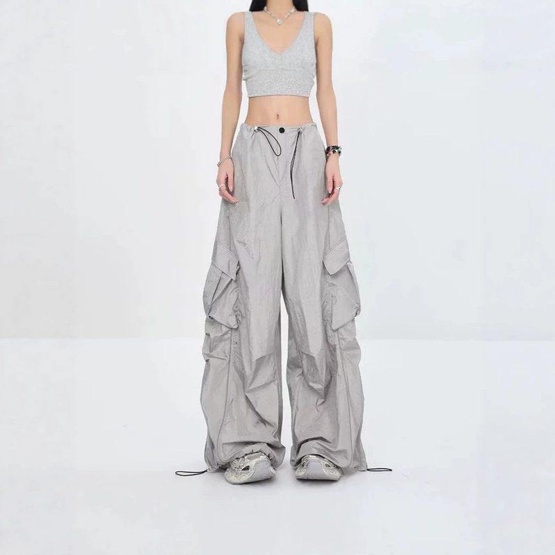 Pleated Large Pocket Wide-Leg Parachute Pants for Men, Summer Loose Casual Jazz Dance Cool Style Drawstring Cargo Pants Pleated Large Pocket Wide-Leg Parachute Pants for Men, Summer Loose Casual Jazz Dance Cool Style Drawstring Cargo Pants