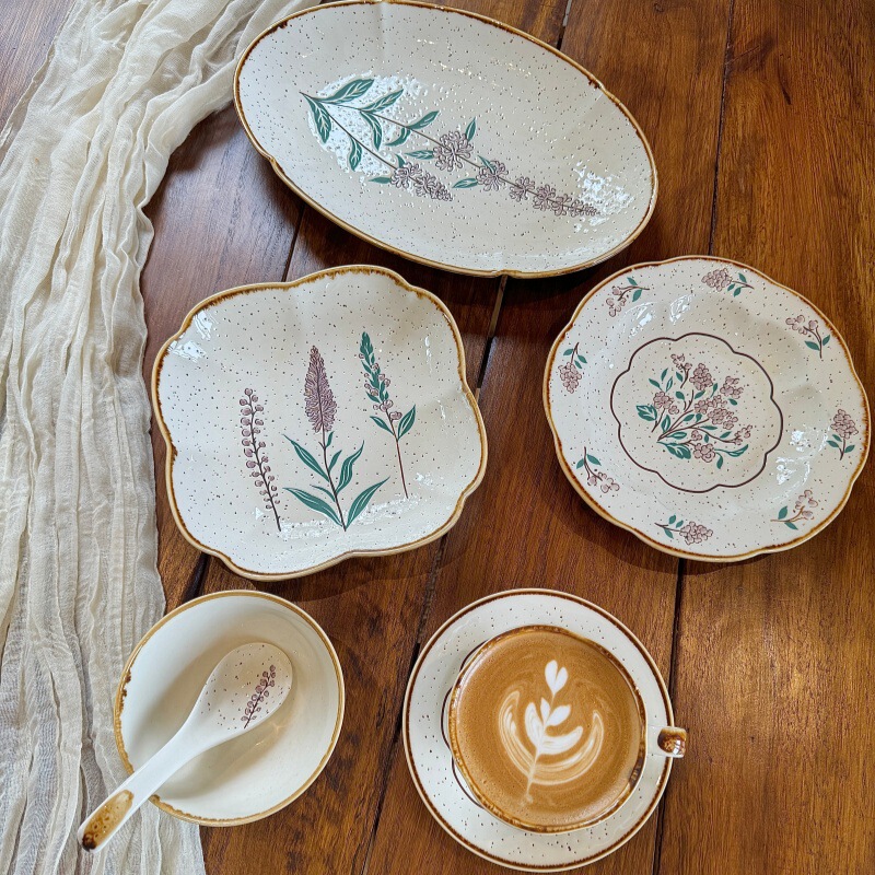 French-Style Vintage Ceramic Bowl, Plate, and Cup Set for Home and Restaurant Use, Creative Floral Afternoon Tea Ceramic Tableware, Wholesale Gift Set