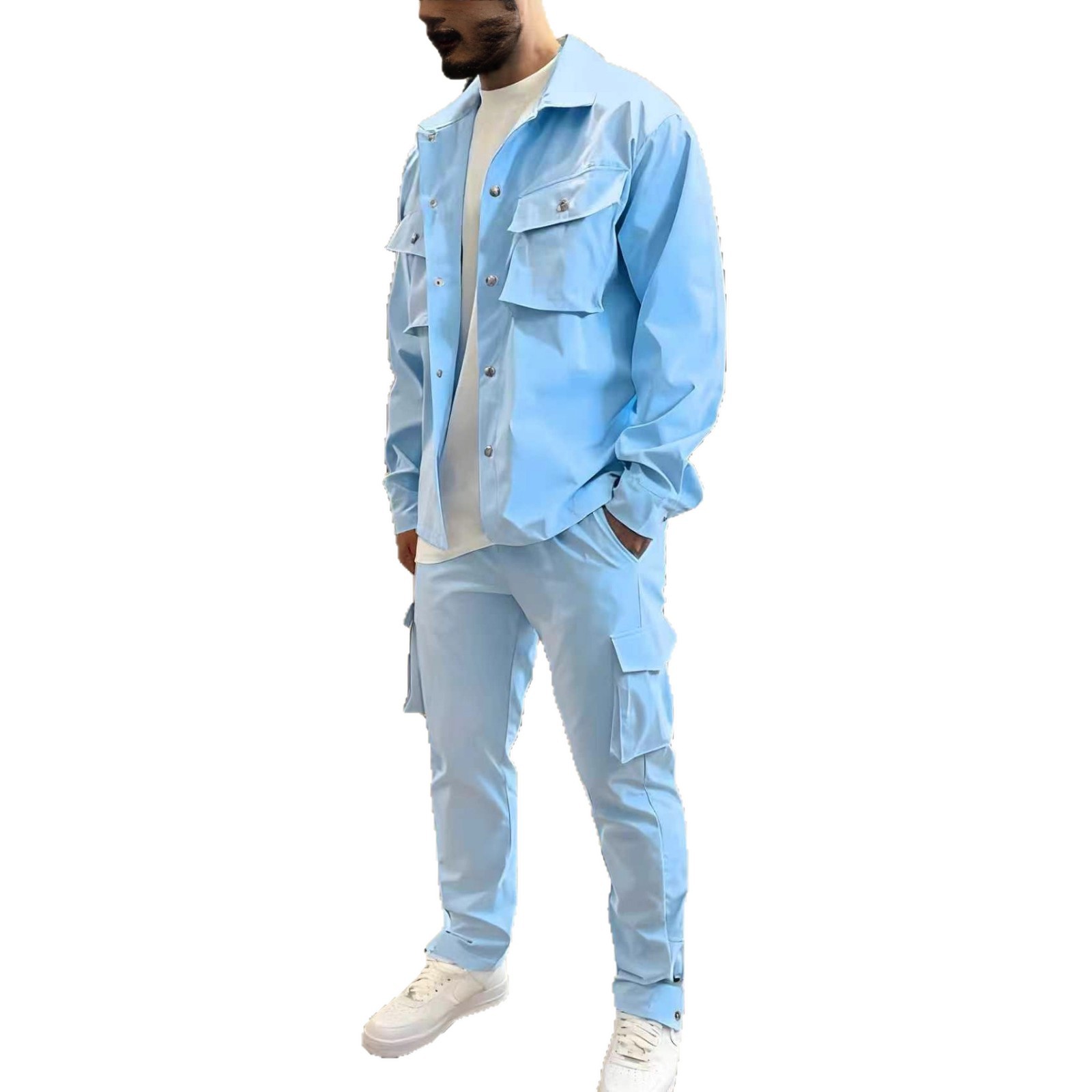 Monochrome Man- Cross-Border European American Spring/Autumn Men's Fashion Workwear Jacket Pants Set With Multi-Pocket Design And_voghion.com