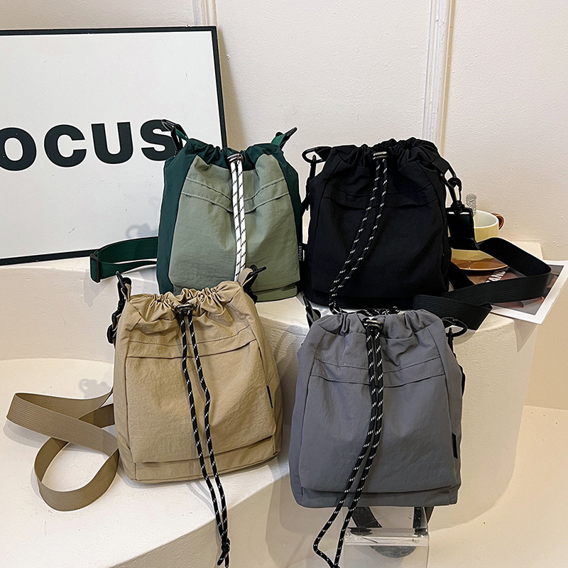 New 2025 Summer Simple Versatile Washed Fabric Underarm Bucket Bag Women's Trendy Casual Drawstring Shoulder Crossbody Bag