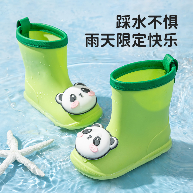 Cartoon Panda Children's Rain Boots Children's Waterproof Rubber Shoes Boys and Girls Mid-Tube Water Shoes Soft Sole Anti-Slip Kindergarten Rain Boots