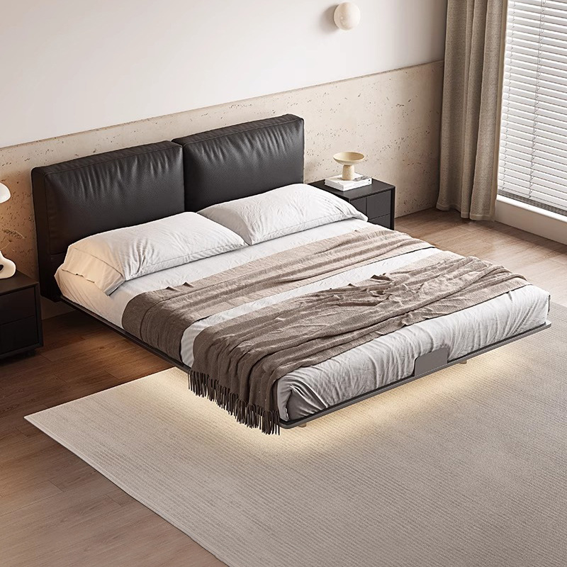 Cama suspendida con bloque de tofu negro, marco de cama de acero al carbono, dormitorio principal minimalista italiano, cama de boda doble, cama de cuero