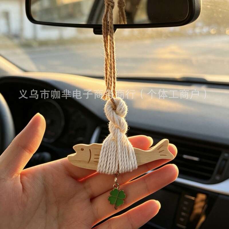 New Cross-Border Korean-Style Car-Mounted Wooden Carving Imitation Fish Pendant, Creative Home Decoration Bell Pendant, Gift