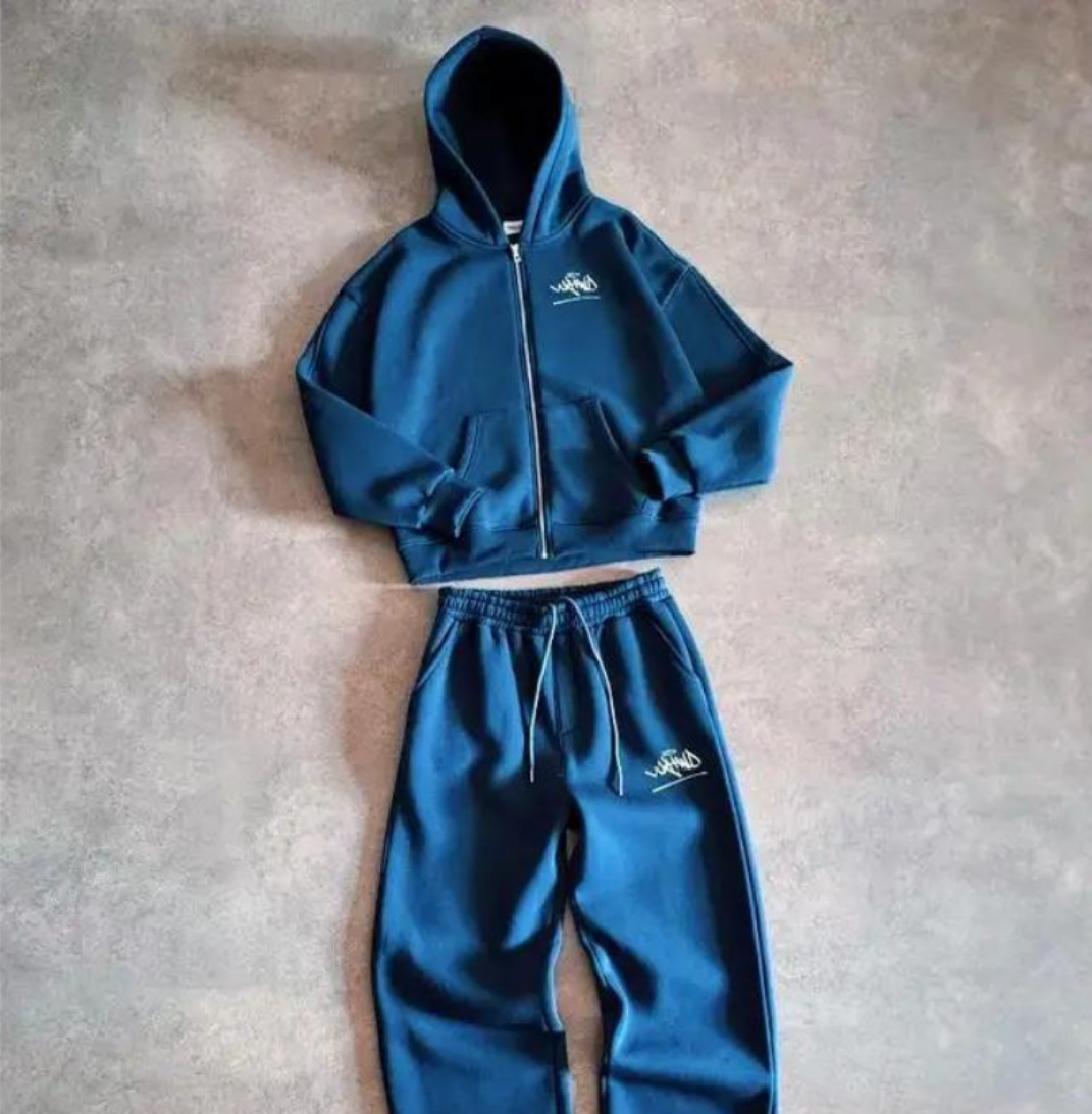 Damenbekleidung, Herren- und Damen-Trendiges Kapuzen-Zip-Jacket mit passender Jogginghose - Streetwear mit 2D-Print (Stahlgrau/Marineblau)_voghion.com