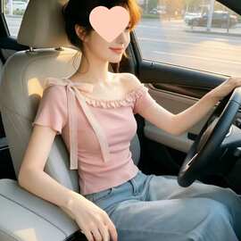 韩系温柔粉色修身斜肩蝴蝶结短袖T恤女2026新款夏季漂亮上衣