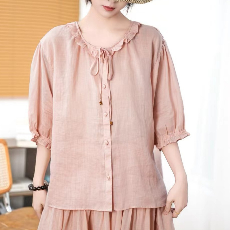 100% Ramie Shirt 2026 Summer New Style Age-Reducing Lace-Up Top for Women Fresh Solid Color Shirt
