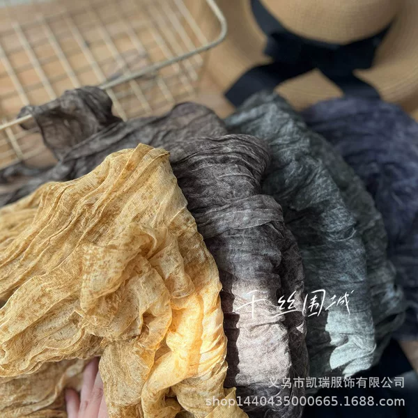 Tie-dyed Cotton and Linen Scarf Vintage Autumn and Winter New Arrival Pleated Coffee Vintage Thin Long Shawl Warm Silk Scarf for Men and Women