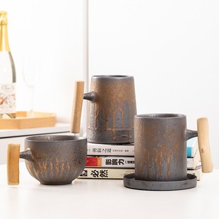 Cross-border Gold-plated Stoneware Coffee Cup Japanese-style Cup Wooden Handle Water Cup Large Capacity Office Coffee Milk Water Cup