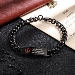 メンズステンレススチールケアブレスレットブラックカーブプレートレタリング調節可能なチェーンステンレススチール情報識別ブレスレット