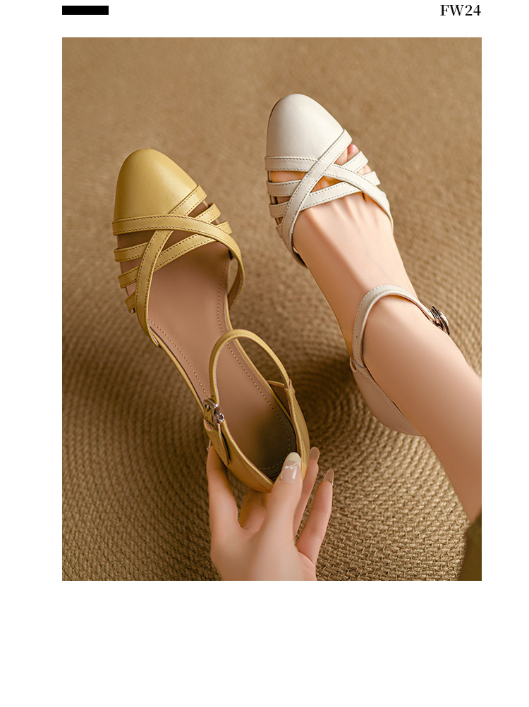 Sandal nữ quai hậu mũi nhọn retro da bò gót 5 cm kiểu La Mã — Màu trắng nhạt chi tiết 9