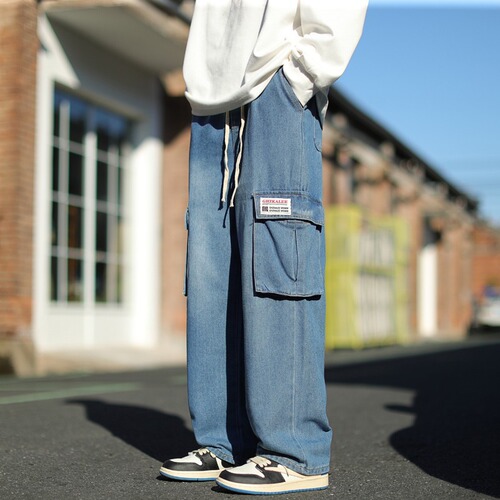 Workwear jeans for men, American-style washed retro streetwear versatile multi-pocket straight leg loose casual wide-leg