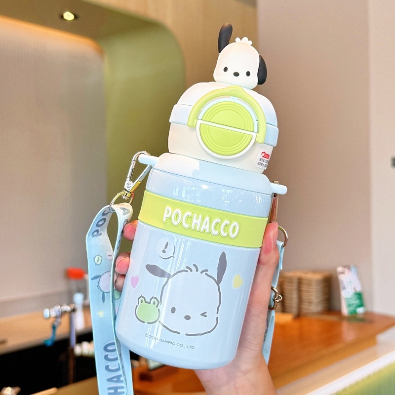 保温カップ 女子用 ストロー付き水筒 大容量 ダブルドリンクカップ ポータブル 316ステンレス 学生用 ダブルドリンク 漫画柄|undefined