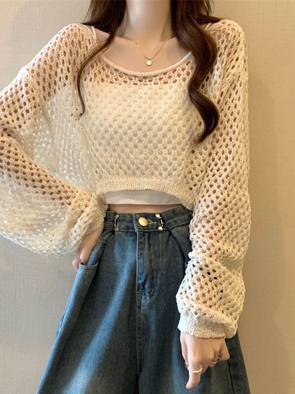 Short Hollow-Out Blouse Top for Women, Spring/Summer 2026 New Style, High-End Design, Petite Long-Sleeve Knit Shirt