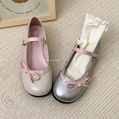 Round toe bow thick heel thick-soled Mary Jane small leather shoes for women summer 2023 new French shallow mouth silver shoes