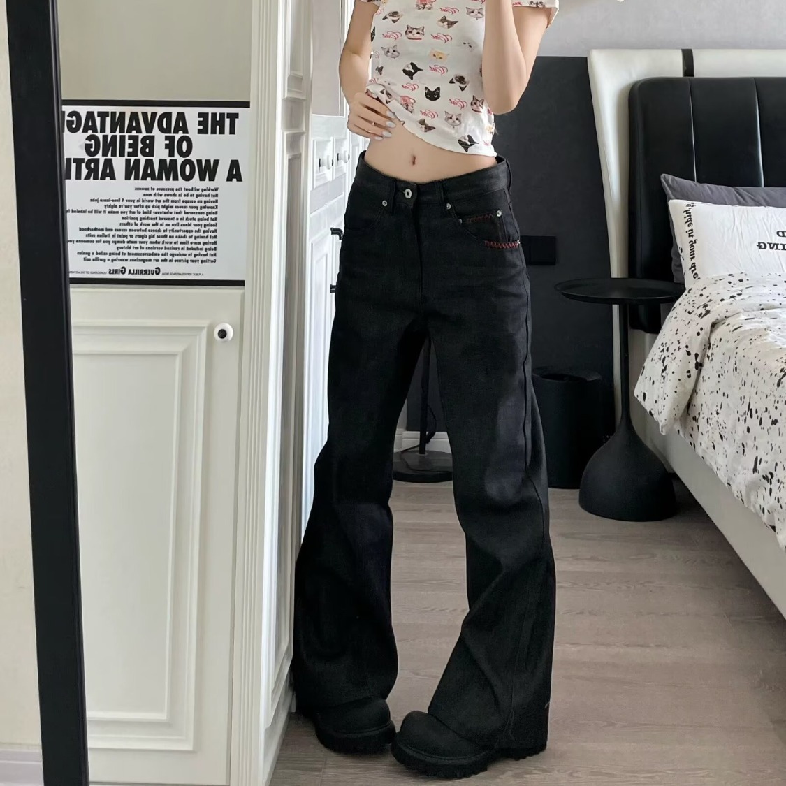 2026 American high street straight-leg jeans for men, black straight-leg stacked style, trendy casual long pants for spring and autumn