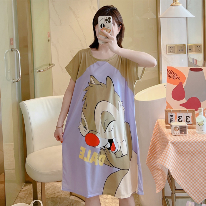 Camisón de las mujeres del verano Delgado manga corta nueva línea rojo estilo pijamas dibujos animados lindo señoras vestido flojo desgaste hogar