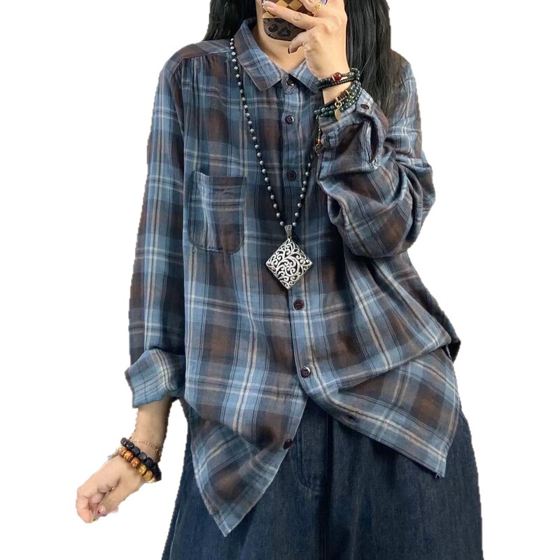 春秋新款翻领双层棉纱格子长袖衬衫女文艺休闲格子衬衣色织棉开衫|undefined