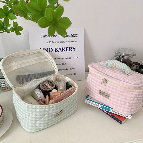 25252 Small fresh macaron plaid cosmetic bag cotton large capacity portable storage bag toiletry bag for women
