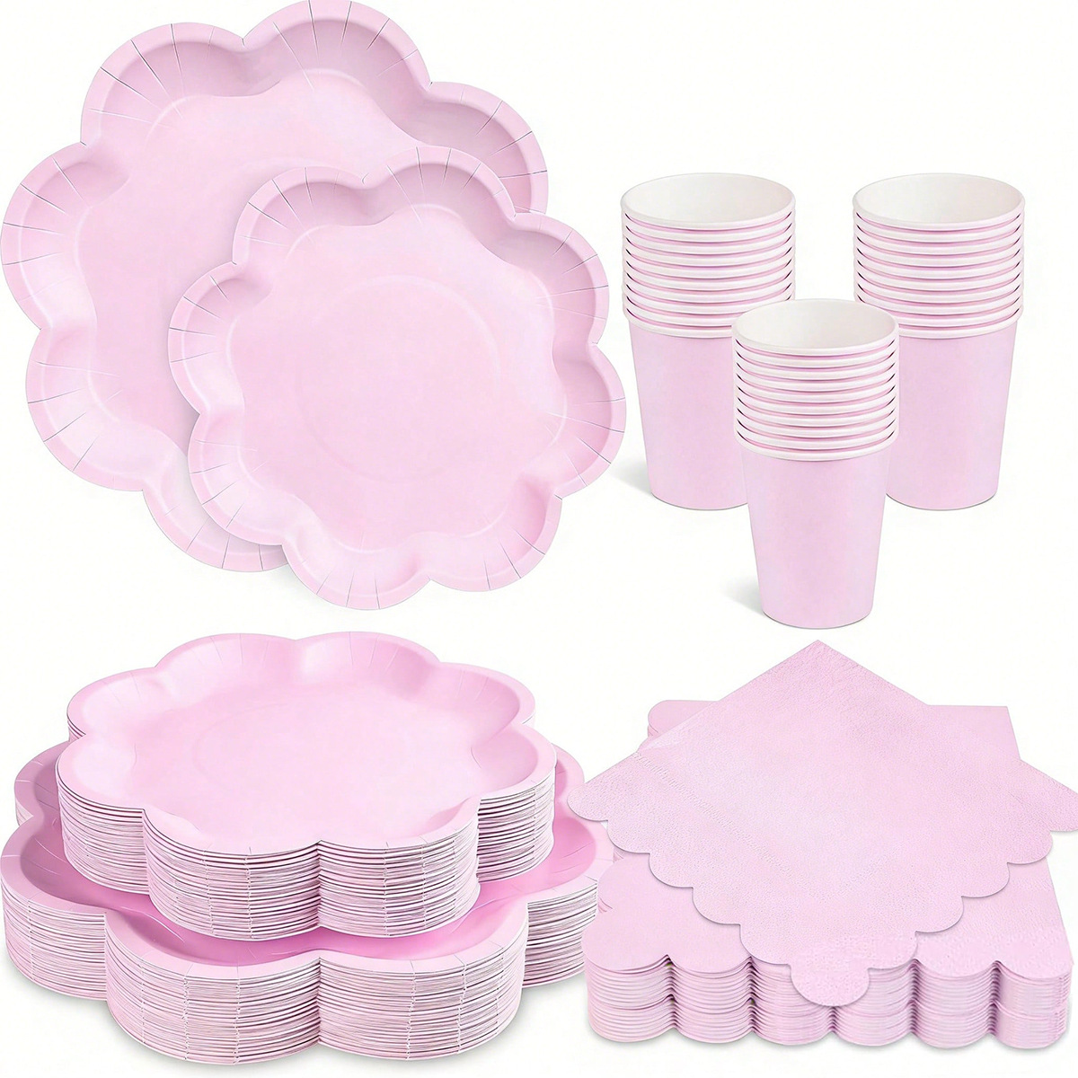 Macaron-colored petal-edged irregular-shaped party tableware disposable glossy food-grade paper plates, paper cups, and paper napkin set
