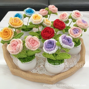 Finished multi-head rose small pot handmade wool woven bonsai office decoration car accessories artificial flower