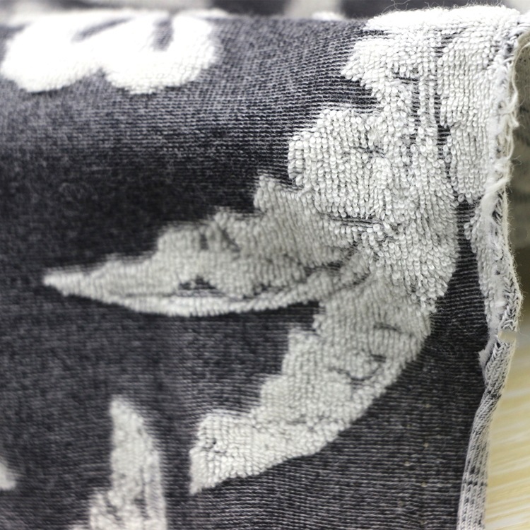 提花毛巾布服装面料纬编正包CVC棉涤单面树叶大提花毛圈毛巾布料