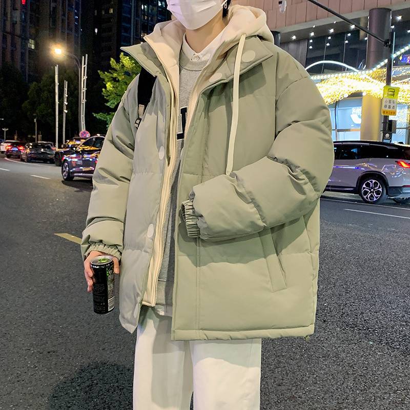 (2개) 코튼 패딩 재킷 남자의 겨울 새로운 가짜 2 피스면 패딩 재킷 잘 생긴 올 매치면 패딩 재킷 후드 따뜻한 빵 세트 어린 학생들을위한