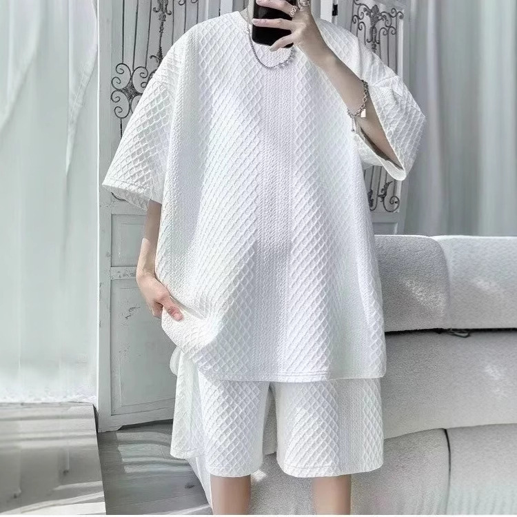 Men's Athletic Waffle Knit Short Sleeve T-Shirt And Shorts 2-Piece Set, Summer Casual Sports Outfit For Teens And Young Adults_viptrois.com