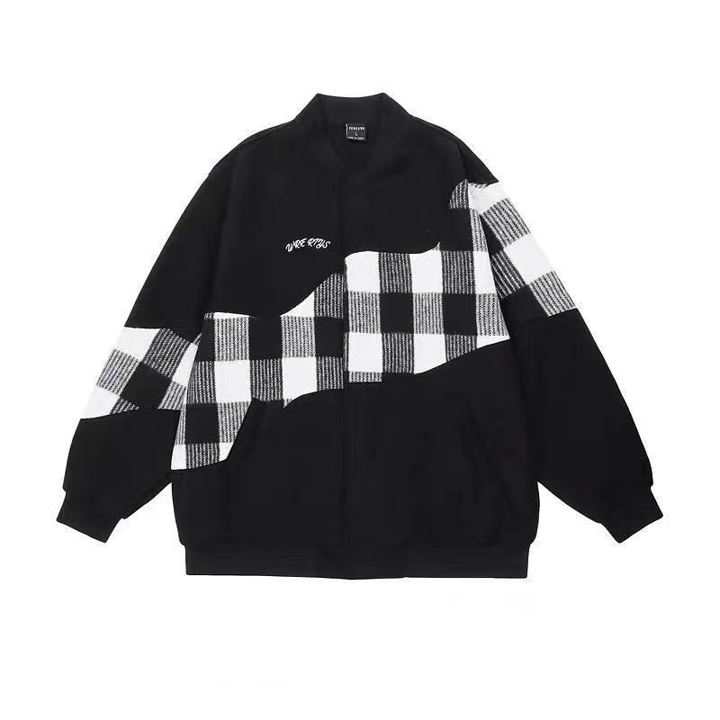 American Retro Jacket Baseball Suit Women's Early Autumn Plaid Stitching Design Niche Loose All-match Cardigan Jacket