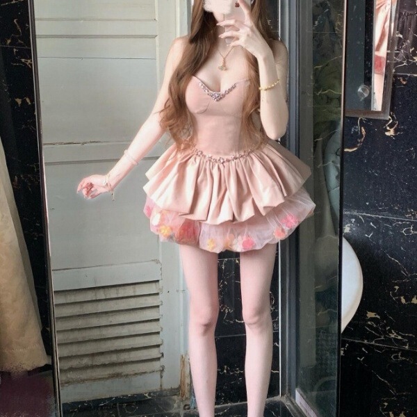 Princess Style Sweet Waist-Cinching Heavy-Duty Suspender Skirt New Pure Lust Design Flower Mesh Bud Dress