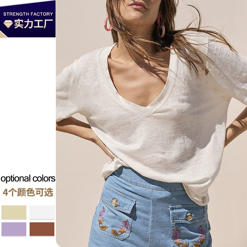 Camiseta de diseño con cuello en v profundo, top de estilo europeo y americano transfronterizo, comercio exterior de verano, tejido de lino, algodón flk, manga corta, mujer suelta image 3