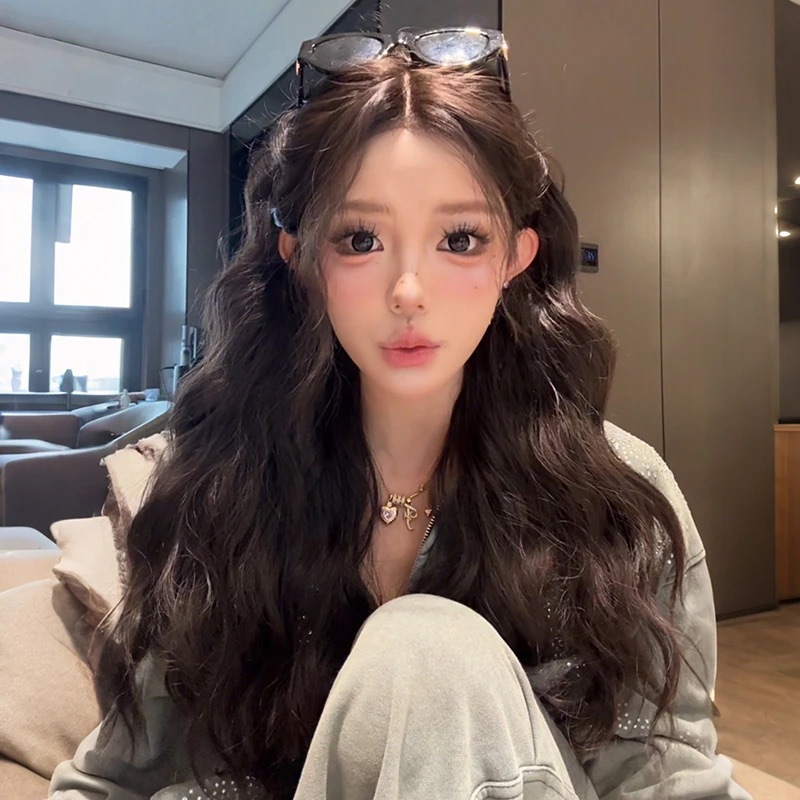 [Piruca fina · Antilope] encaje de frente diario té negro lana rizada larga sensación de atmósfera peluca natural mujer