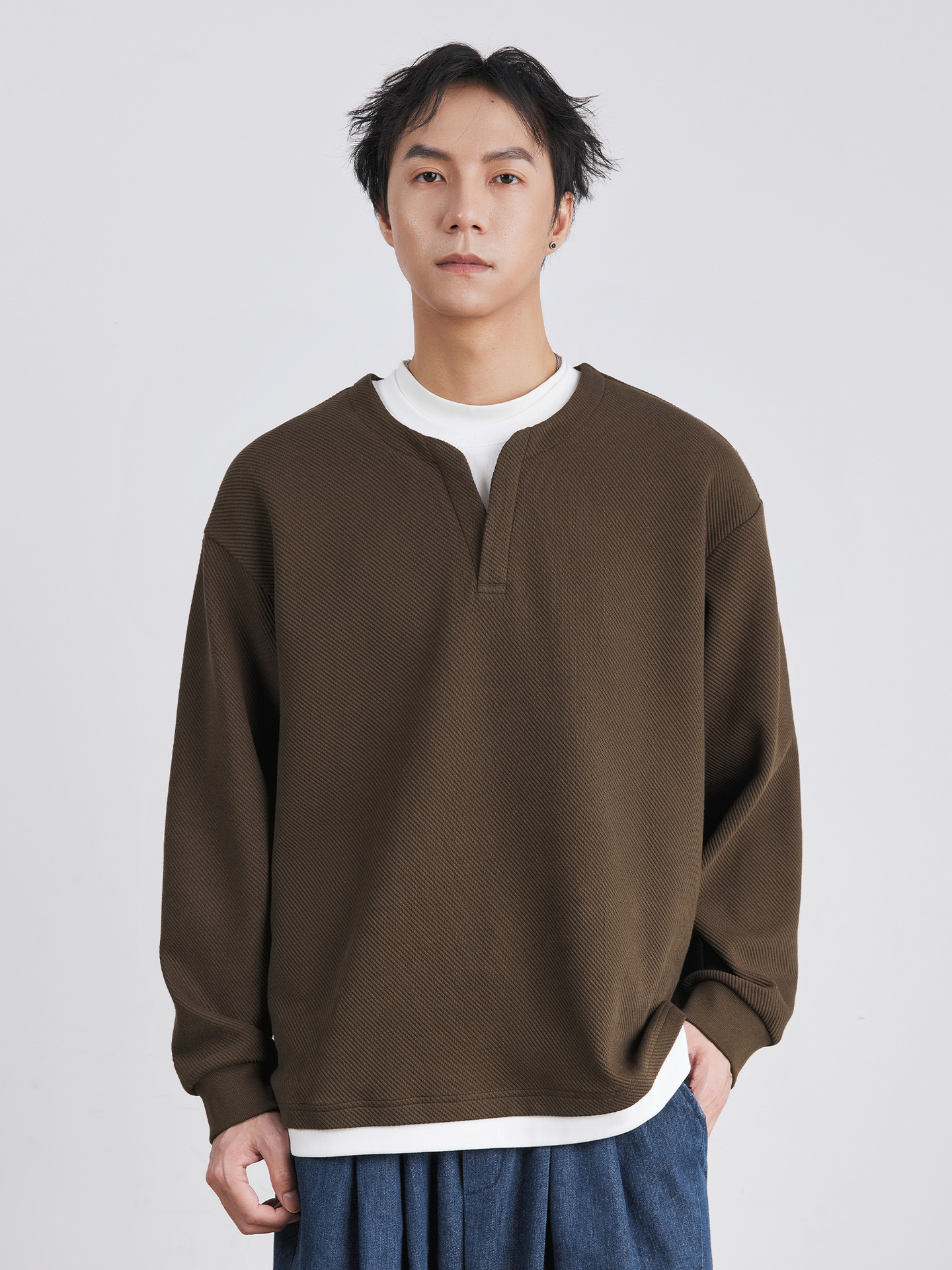 重磅高级感肌理假两件卫衣男春季2025宽松潮流套头休闲秋装打底衫 2