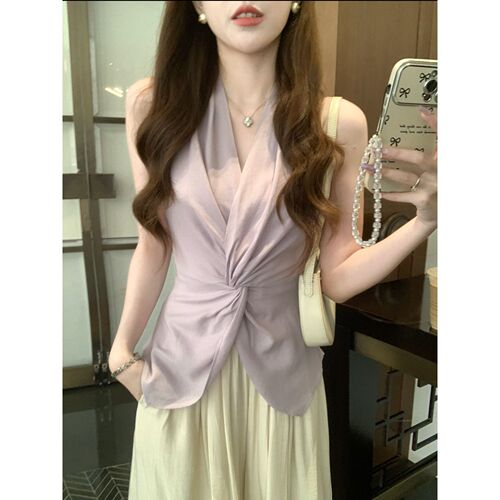 Chic Minimalist Knot Design Sensory Sleeveless Top Trendy Whitening Versatile Solid Color Shirt 2025 Fashion New Arrival