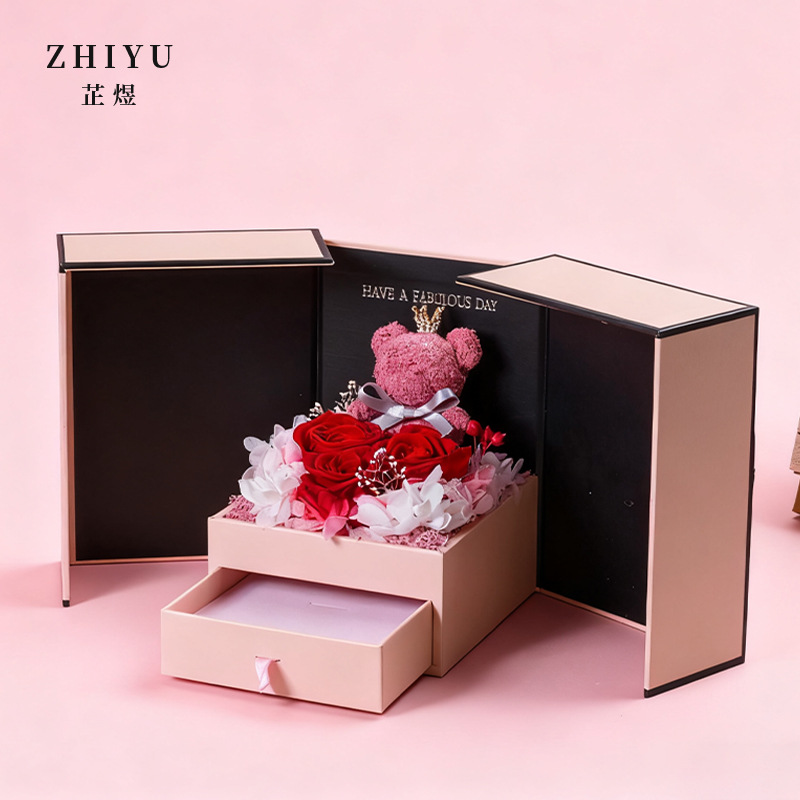 永生花礼盒成品跨境情人节礼物双开门甜心熊玫瑰花圣诞礼盒首饰盒