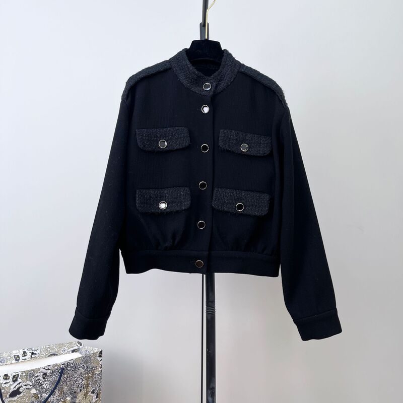 High-Quality Hand-Woven Tweed Jacket for Women, Woolen Four-Pocket Waist-Cinching Stand Collar Jacket