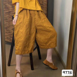 松紧腰纯色系带七分亚麻休闲裤女2026夏季复古麻裤百搭宽松中裤女