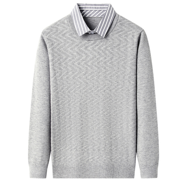 Suéter de hombre con solapa jacquard otoño y invierno viejo dinero falso dos piezas casuales simple fundación de manga larga jersey de punto