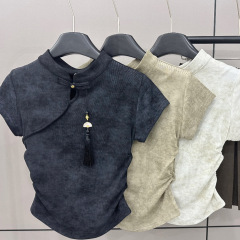 新中国式盤ボタン国風2024年夏デザイン感復古正肩半袖tシャツ女性夏ぼんやり上着