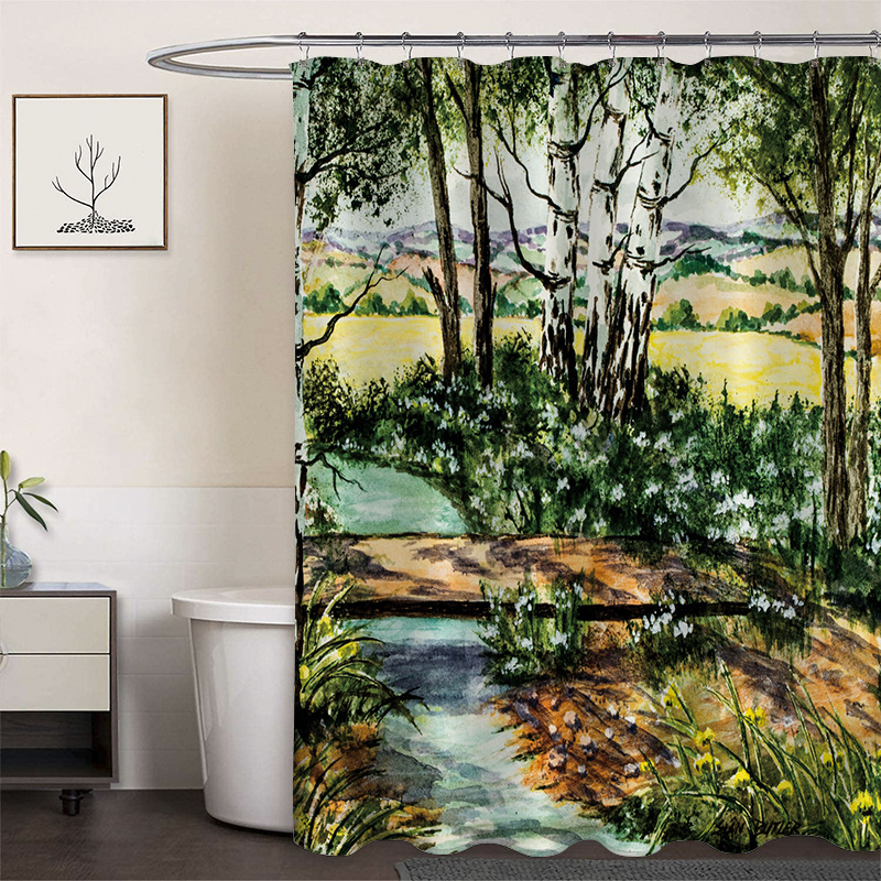 Cortina de ducha de poliéster impresa con hebilla de cortina de ducha de plástico baño cuarto de baño cortina de partición impermeable a prueba de moho