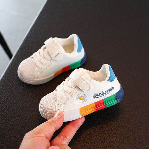 Spring and Autumn Girl Baby Soft Sole White Shoes, Unisex Children Breathable Sports Sneakers, Children's Daisies Leather Surface Casual Shoes