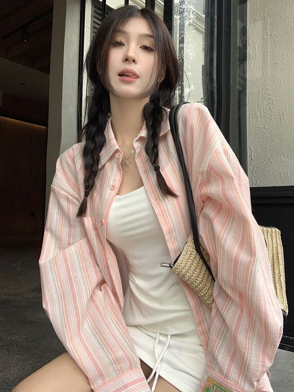 2025夏季外搭防晒衬衫上衣女设计感宽松慵懒长袖蓝色条纹休闲衬衣|undefined