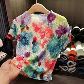 压花印花彩色新款时尚褶皱扎染绣花高弹力短袖薄T恤女上衣潮