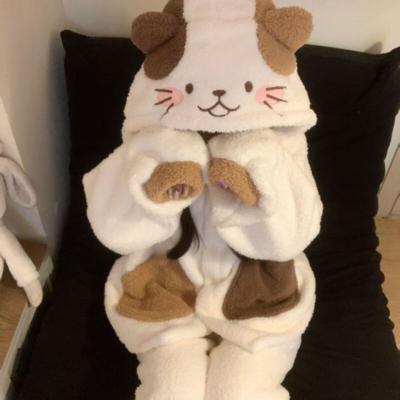 甜美三色小猫睡衣女秋冬季保暖珊瑚绒长袖长裤套装美少女家居服|undefined