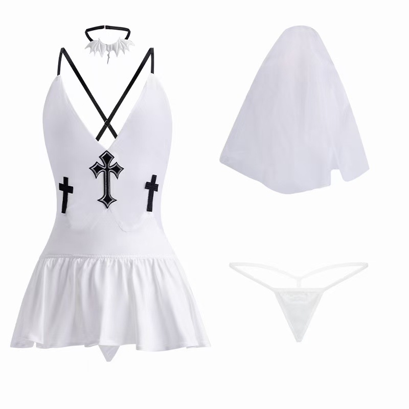 White Nun Witch Costume Nightgown Set with Deep V and Butterfly Stockings — detail image 6