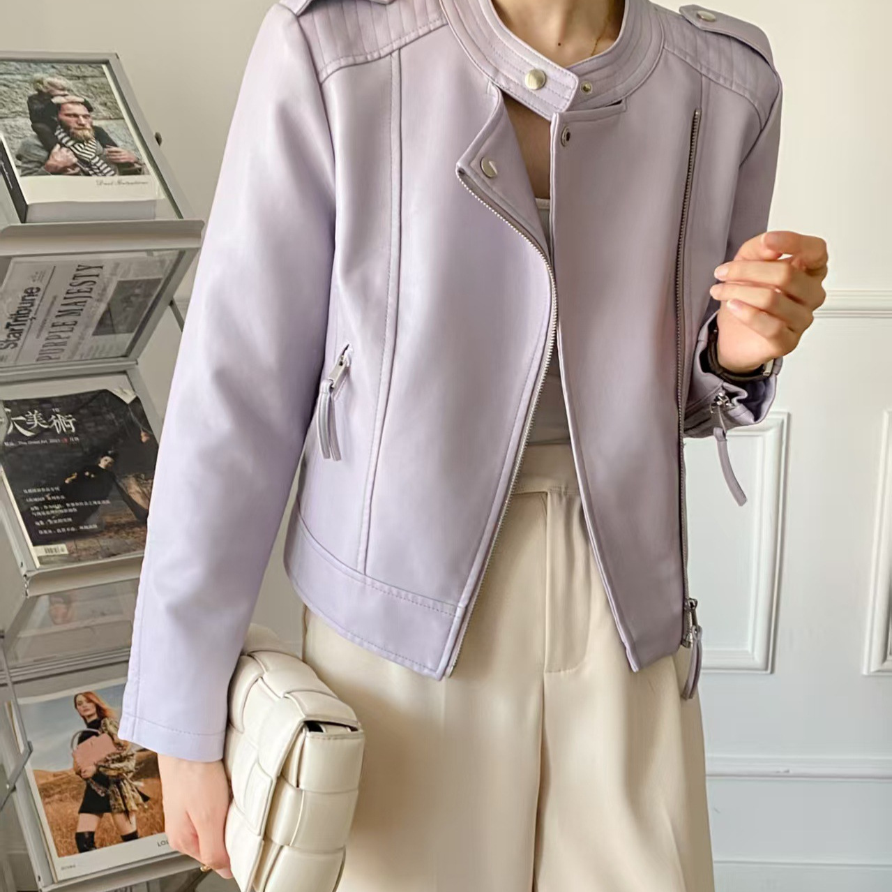 Women's Leather Jacket, Spring and Autumn Fashion, New Style, Petite, Slimming, Round Neck, Short, Commuter Pu Leather, Korean Style Biker Jacket