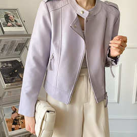 皮衣外套女25春秋时尚新款小个子显瘦圆领短款通勤PU皮韩版机车服