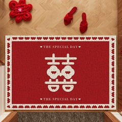 新中式絲圈入戶門地墊喜慶門墊紅色喜字進門門口腳墊入戶新婚地毯