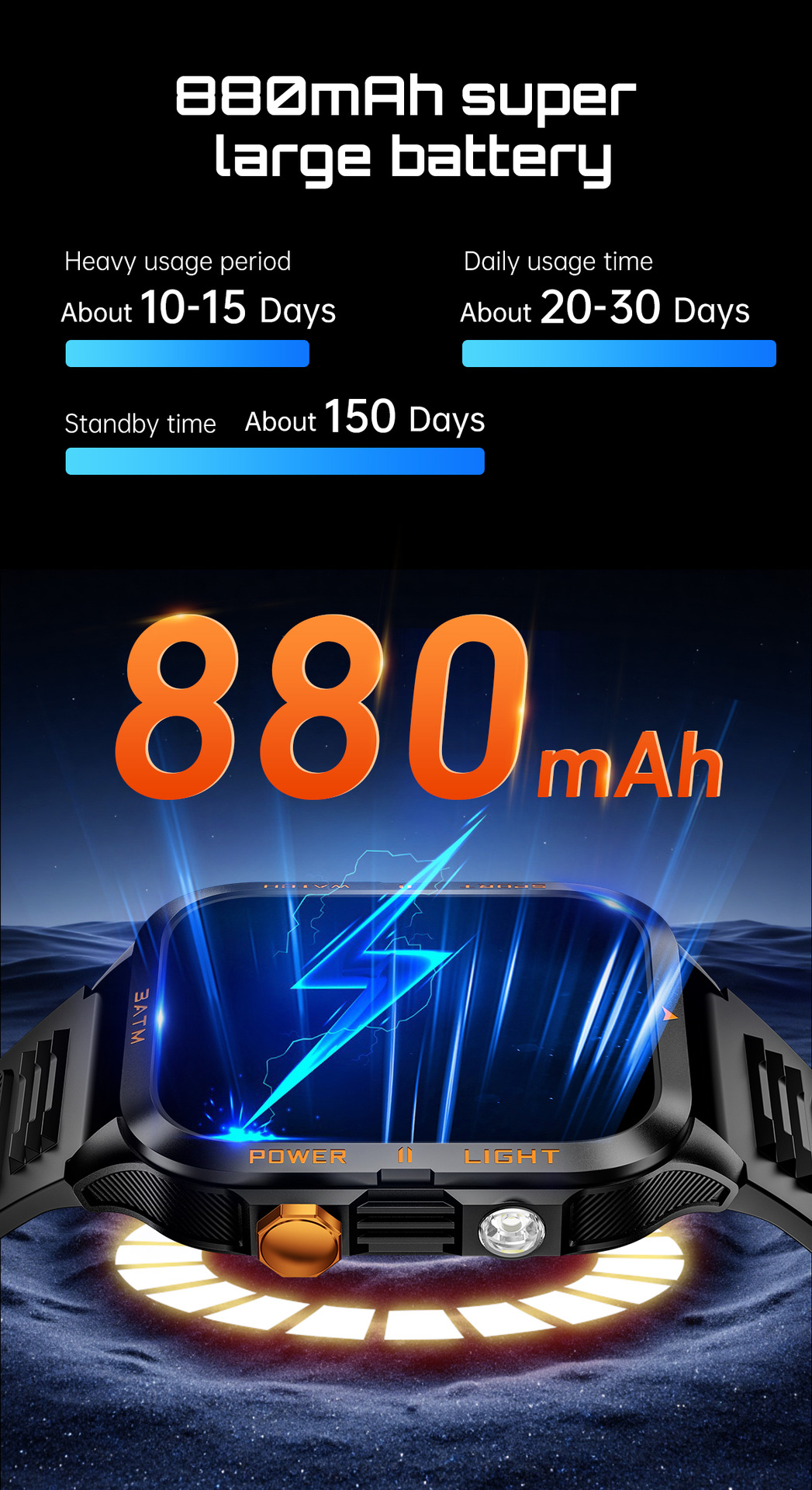 Montre connectée KT89, grand écran 1,96 pouce, appels Bluetooth, lampe torche LED, idéale pour les activités de plein air, style unisexe chic et sportif._voghion.com