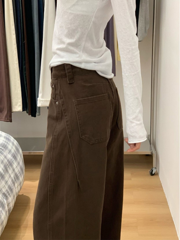 大码弯刀牛仔裤女咖色早秋款胖mm高腰宽松遮胯显瘦直筒阔腿长裤子|undefined