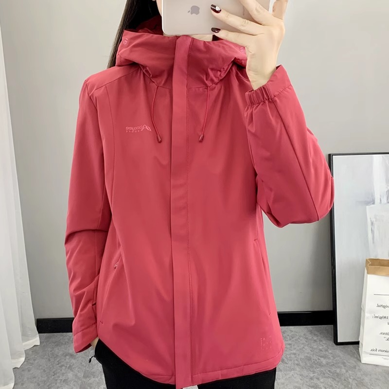 纯色一体式加棉冲锋衣女防风防水连帽保暖外衣户外运动跑步棉衣服